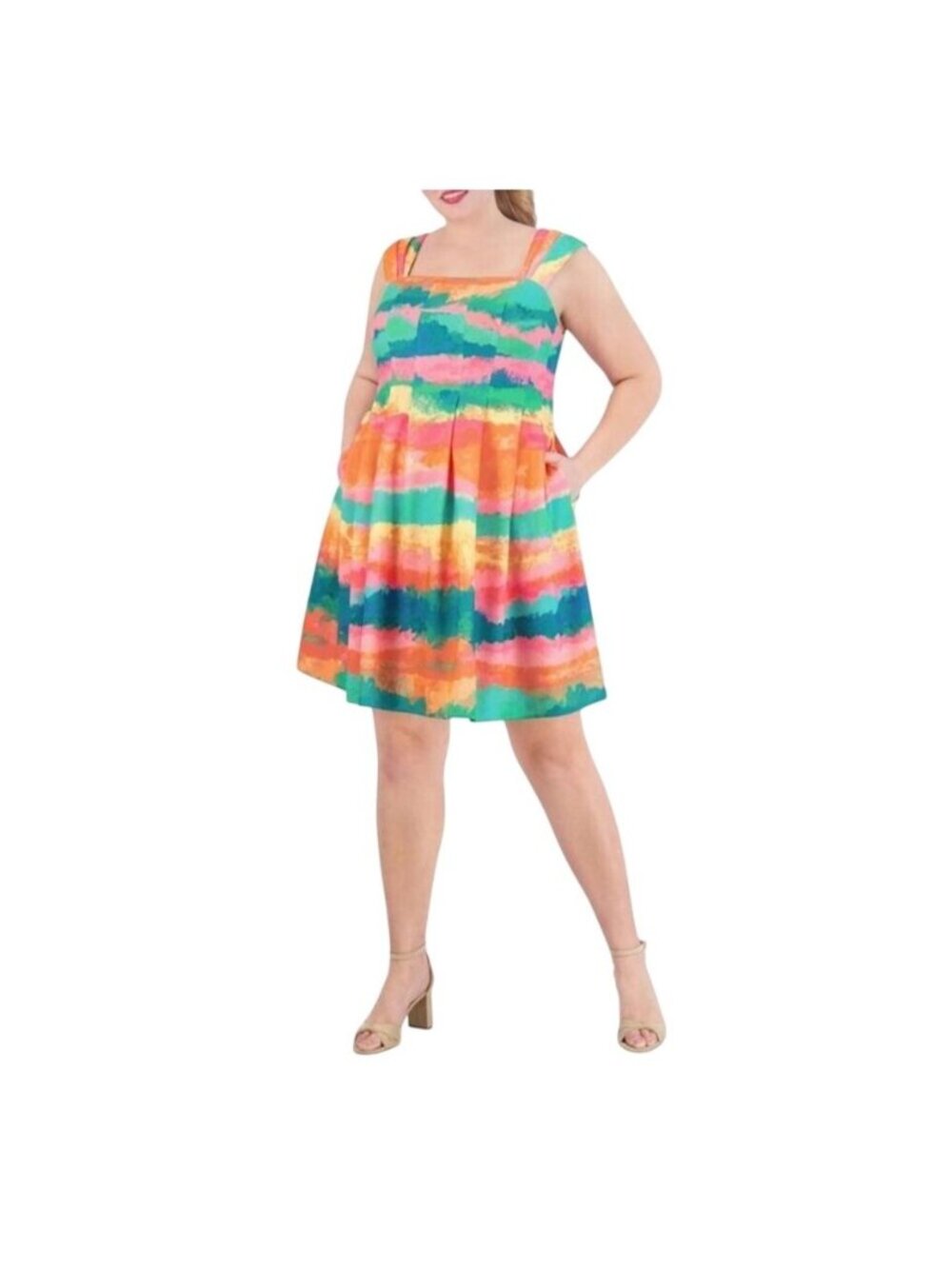 Vince Camuto Womens Dress Neon Multicolor Pleated Square-neck Sleeveless 16W NWT